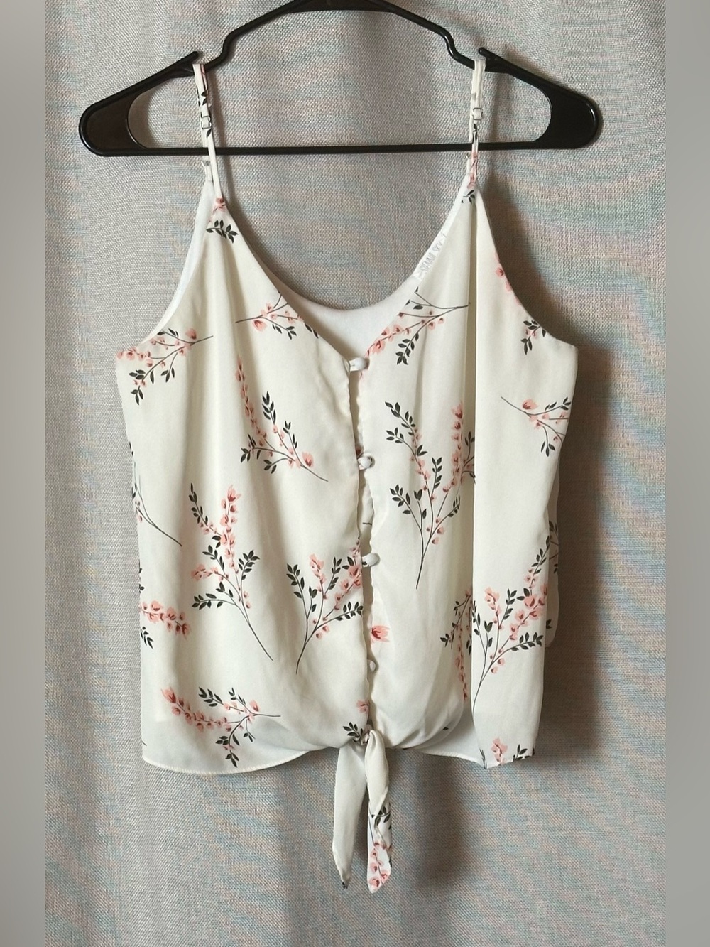 Sienna Sky•tie front spaghetti strap cropped blouse•medium•polyester•ivory/pink